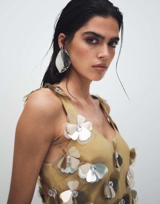 Asos Canottiera color oro con scollo rotondo decorato con fiori D