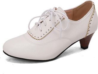 Generic Womens Lace-Up Mid-Heel Oxfords Scalloped Brogued Trim Textured Upper Round Toe Block Heel Adjustable Laces Contrast Laces Stylish Durable,White,7.5 U