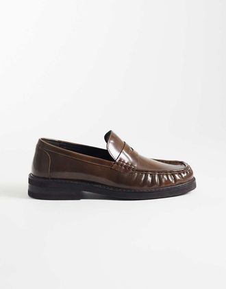 Asos Mocassini college marroni in pelle con arricciature-Marrone