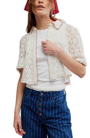 Free People Mannie Floral Lace Button-Up Crop Shirt in Whisper White at Nordstrom, Size X-Large