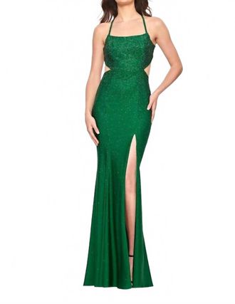 Faviana Rhinestone Scoop Neck Dress In Emerald