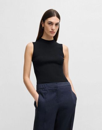 HUGO BOSS Womens Feskies Ribbed Top with Mock Neckline - Navy - Size: 10/8