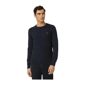 Harmont & Blaine Blauwe Trui met Diamantpatroon - Heren - Ronde hals truien - Blauw - 2XL - Katoen - Truien & Vesten