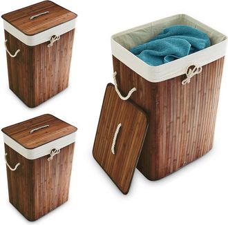 Relaxdays Relaxdays, Set 3x Bamboo Laundry Basket, with Lid, Rectangular, XL, 83L, Foldable Bin, HWD: 65.5 x 43.5 x 33.5cm, Brown