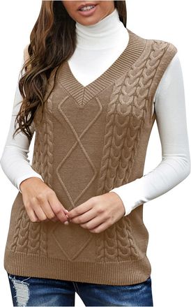 Generic Womens Autumn and Winter Fashion Plain V-Neck Knitted Jumper Vest Cable Knit Sleeveless Checked Knitted Tanks Sweatshirt Women