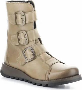 FLY London Womens Leather Wedge Heel Bootie In Taupe