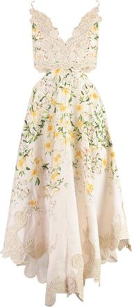 Zimmermann Bloemen Linnen Jurk met Cut-Out Details - Dames - Feestkleedjes - Beige - M - Linnen - Kleedjes