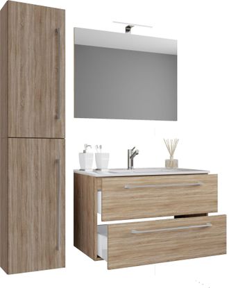 ebuy24 Ebuy24 - Vcm 5pcs Lavabo Lavabo Gabinete Inferior Ancho 60 Cm Muebles De Ba&ntilde;o Conjunto Con Cajones Espejo De Puertas Giratorias Badinos (sonoma Oak)