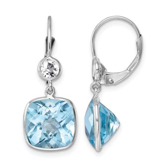 Diamond2Deal 14K White Gold Polished Blue and White Topaz Leverback Dangle Earrings