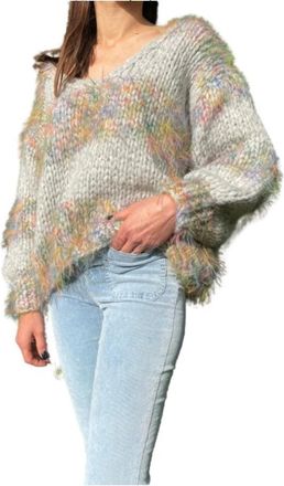 Les Tricots dO V-hals Alpaca Trui met Ballonmouwen - Dames - Ronde hals truien - Grijs - ONE Size - Wol - Truien & Vesten
