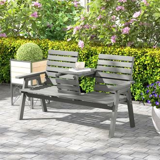 OUTSUNNY Convertable 3-Seater Wood Bench Table Garden w/ Armrests Grey