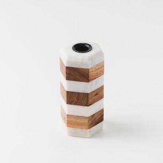 Mela Artisans Striped Marble & Acacia Candleholders in White at Nordstrom