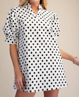 Glam Polka Dot Puff Sleeve Mini Dress In White / Brown