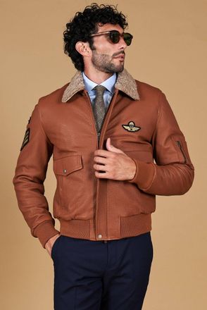 D'Arienzo Giubbotto aviatore in pelle raggrinzita color cuoio collo montone DArienzo, Seleziona Taglia 46, Colore Cuoio