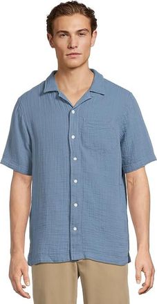 L.L.Bean Vacationland Gauze Shirt Short Sleeve, Slightly Fitted Mens Short Sleeve Knit Delta Blue : SM, Cotton