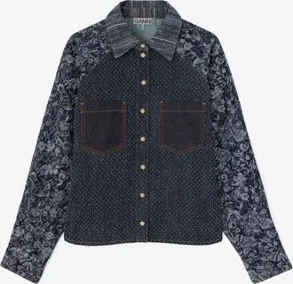 Ganni Navy Shirt in Patchwork Denim - Size 10/12 Organic Cotton