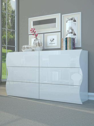 Dmora Cajonera Ondulada, Made In Italy, Mueble Para Sal&oacute;n Y Dormitorio, Aparador De 6 Cajones, Color Blanco Brillante, 155x40h82 Cm, Con Embalaje Reforzado 