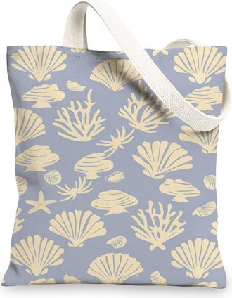 Generic Coastal Seashell Canvas Tote Bags, Vintage Marine Pattern Reusable Grocery Bags, Lightweight Washable Shoulder Strap Canvas, Blue, 13x15 Inch