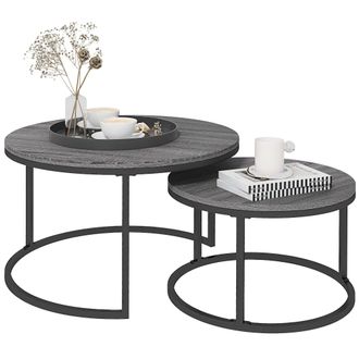 HOMCOM 2 Pcs Stacking Coffee Table Set Steel Frame Wood Effect Top Foot Pads | TJ Hughes
