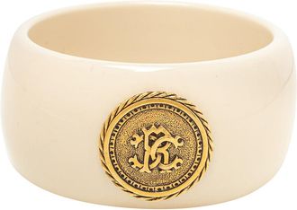 Roberto Cavalli Cream Resin Logo Medallion Wide Bangle Bracelet