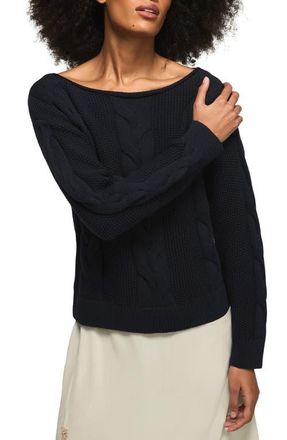 Lucky Brand Cable Stitch Boat Neck Sweater in Cadet Navy at Nordstrom, Size X-Small