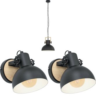 Loops Ceiling Pendant Light & 2x Matching Wall Lights Black & Wood Industrial Shade