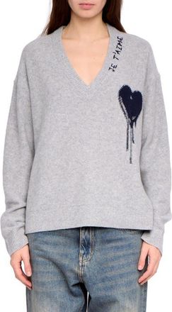 Zadig&Voltaire Mikyz Heart Appliqu&eacute; Cashmere V-Neck Sweater in Gris Chine Clai at Nordstrom, Size Medium