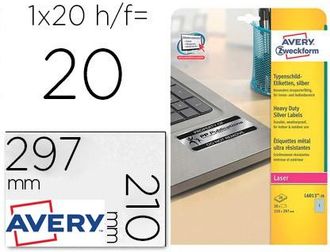 Avery Etiqueta Adhesiva Avery Poliester Plata 210x297 Mm Para Impresora Laser Pack De 20 Unidades