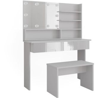 Vicco Tavolo da toeletta Azur, Bianco, 120 cm con ripiano a specchio, panca e illuminazione a led