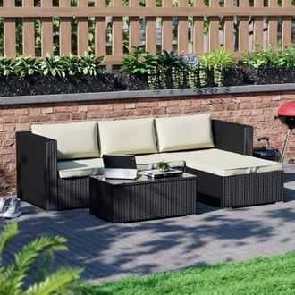 Home Discount Hampton Rattan Garden Furniture 4 Seater Outdoor Corner Sofa Table Set, Black-No-Cover