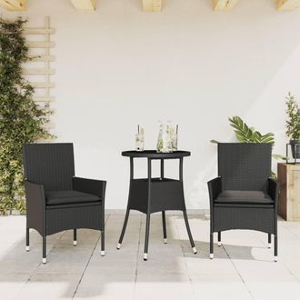 vidaXL Set Comedor Jard&iacute;n 3 Pzas Cojines Rat&aacute;n Sint&eacute;tico Vidrio Negro Vidaxl