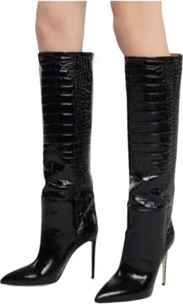 PARIS TEXAS Croc Effect Glossy Black Leather Boots Size 38.5