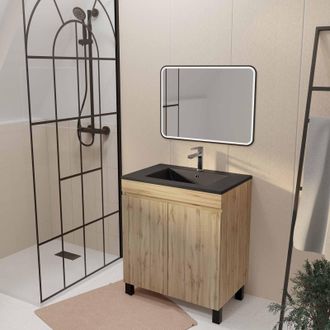 Aurlane Mueble De Ba&ntilde;o 70 Decorado Roble 2 Puertas Lavabo Negro Y Espejo Led 70x50