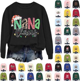 Generic Christmas Sweatshirt for Women Funny Nana Claus Letter Print Long Sleeve Casual Round Neck Pullover Tops Ladies Jumpers, A03-Sky Blue, L