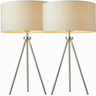 Loops 2 PACK Modern Tripod Table Lamp Chrome & Ivory Shade Slim Leg Bedside Desk Light