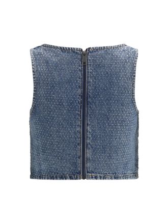 Self Portrait Womens Rhinestone Denim Crop Top Blue Cotton