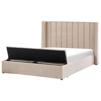 Beliani Cama Con Somier De Terciopelo Beige 160 X 200 Cm Reposacabezas Alto Banco Noyers