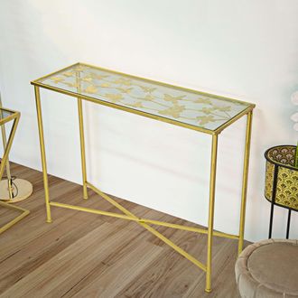 Dmora Consola Meknes, Un Estante, Tabla Decorada Con Mariposas, Estructura De Vidrio, 100x35x80h Cm Oro