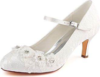 Emily Bridalwear Wedding Shoes Womens Round Toe Rhinestones Slip Lace Stiletto Heel Closed Toe Pumps with (EU37/UK4, Ivory)