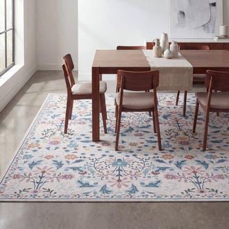 Jonathan Y Designs Primrose Art Nouveau Floral Border Non-Slip Machine-Washable Area Rug in Cream/turquoise at Nordstrom, Size 2Ft 0In X 8Ft 0In