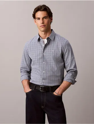 Calvin Klein Mens Yarn-Dyed Plaid Stretch Button-Down Shirt - Blue - XL