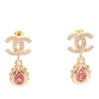 Chanel CC Gold Plated Rhinestone Drop Earrings