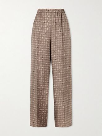 Max Mara Pantaloni A Gamba Larga In Twill Di Seta Stampato - Marrone