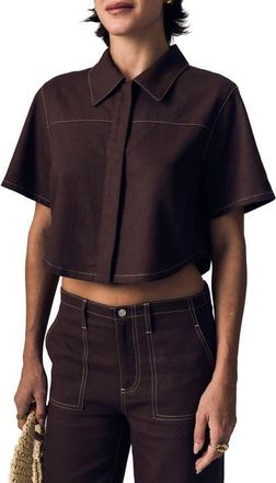 LE JEAN Short Sleeve Swing Linen Button-Up Shirt in Cocoa at Nordstrom, Size X-Small