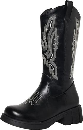 Generic Womens Retro Western Boots Mid Calf Round Toe Med Block Heel Slip On With Platform And Classic Embroidery Design
