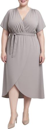 Standards & Practices Tie Front Faux Wrap Midi Dress in Grey at Nordstrom, Size 1X