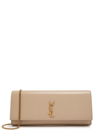 Saint Laurent Kate Logo Pebbled Leather Clutch - Beige - One Size