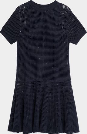 Brunello Cucinelli Pailette Open Knit Drop-Waist Short-Sleeve Mini Dress