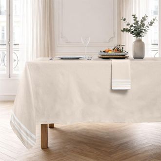 Febronie Mantel + 10 servilletas algod&oacute;n 180x400 beige lino / blanco