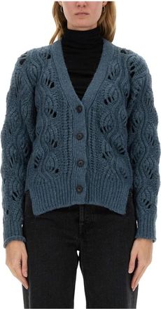 Mila Sch&ouml;n Grof Gebreide Vest met Openwerk Details - Dames - Vesten - Blauw - XS - Wol - Truien & Vesten